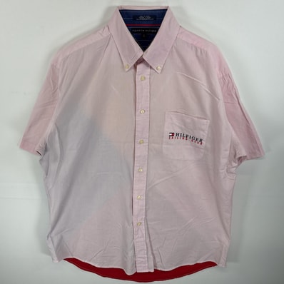 古着 トミーヒルフィガー TOMMY HILFIGER 半袖シャツ ワンポイント 刺繍 ロゴ 胸ポケ SAILING GEAR L ピンク系 マルチカラー メンズ