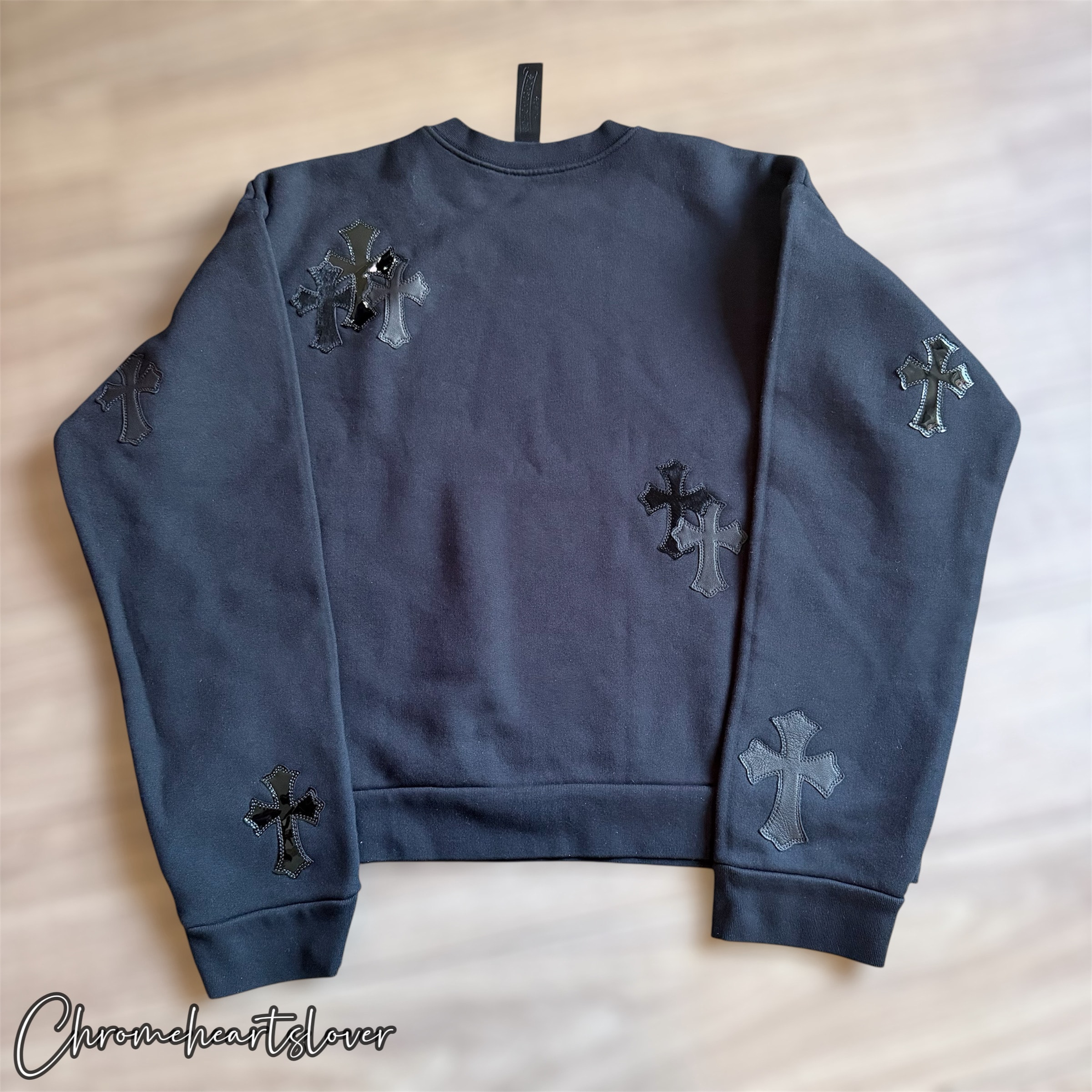 Chrome Hearts GRP Y Not Crewneck Sweat Haraco Patent Lamb Leather Cross Patch "Black"
