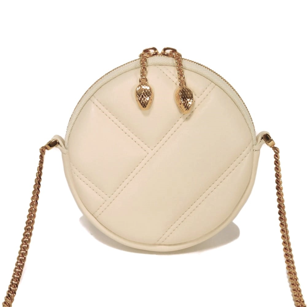 BVLGARI ブルガリ セルペンティ カボション マイクロ ポーチ スネークヘッド キルティング スムース カーフ ラウンド ミニ チェーン ポシェット RFID ICチップ エンボス アイボリー ショルダーバッグ 292256