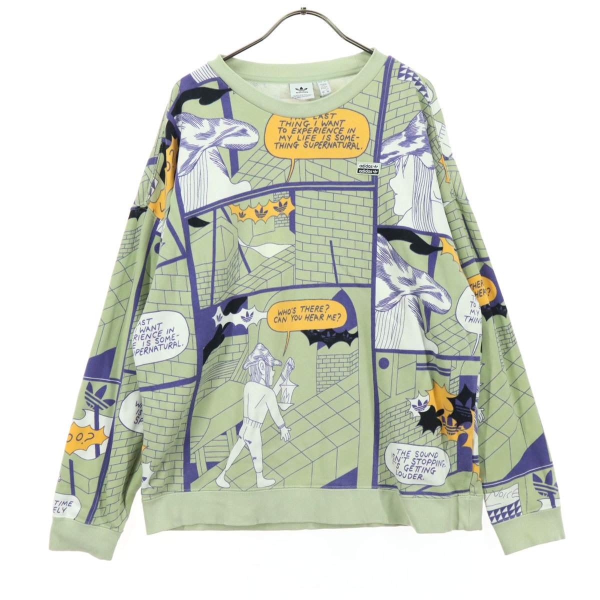 adidas アディダス コットン 総柄 長袖 スウェット トレーナー XOT グリーン系 トレフォイルロゴ