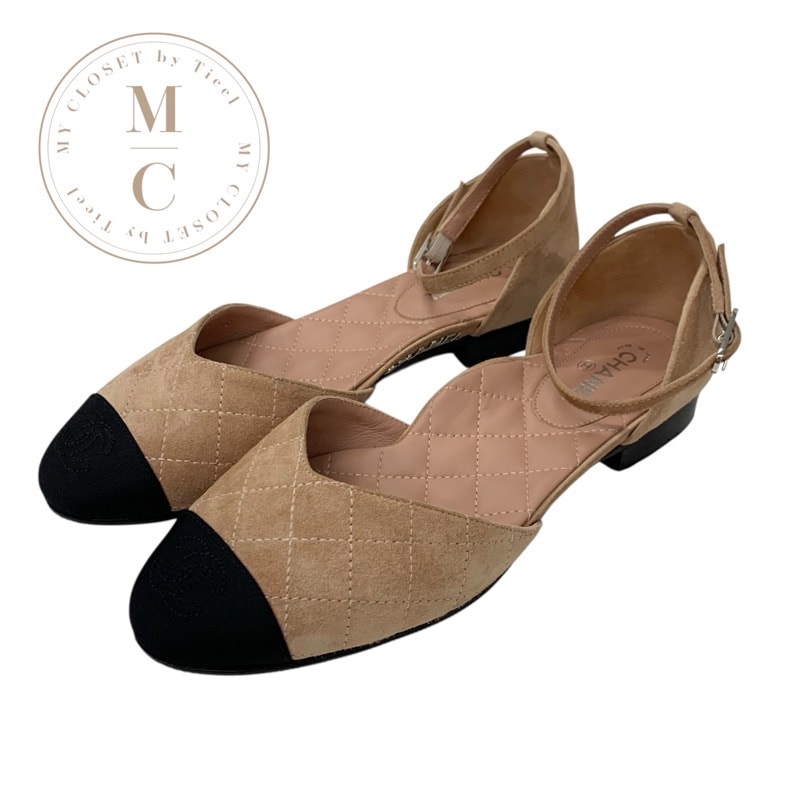 シャネル CHANEL パンプス 靴 シューズ スエード ピンクベージュ ブラック ココマーク ロゴ ストラップ フラット