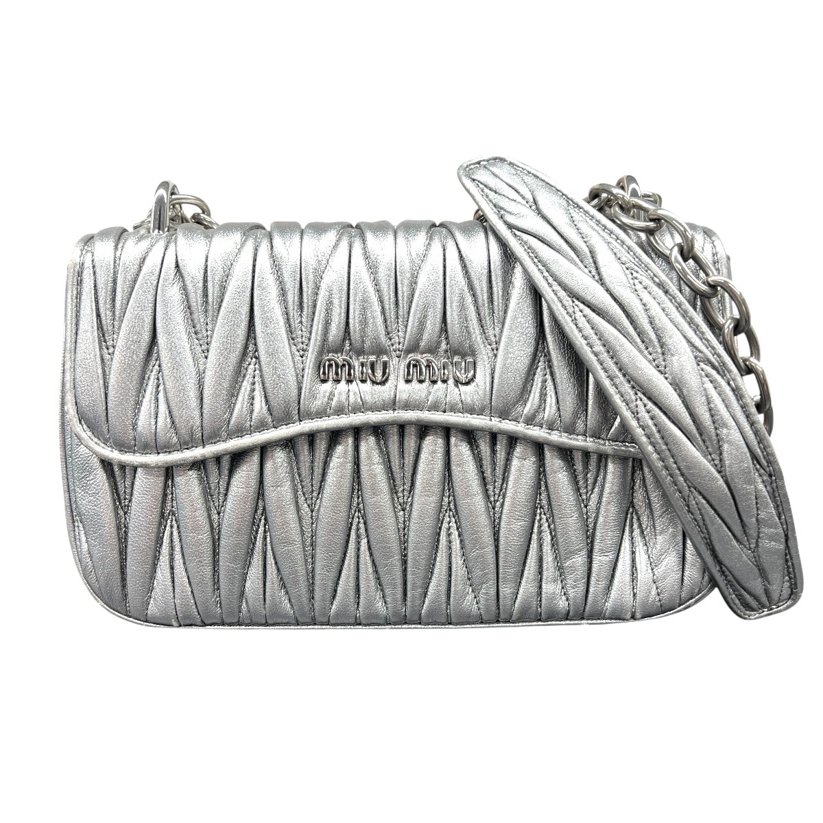 MIUMIU 希少 美品 ミュウミュウ MATELASSE マテラッセ チェーン ショルダーバッグ 5BD140 レザー シルバー ロゴ ワンショルダー クロスボディ ポシェット パーティー ギャザー miumiu Aランク 中古 鑑定済 ミュウミュウバッグ