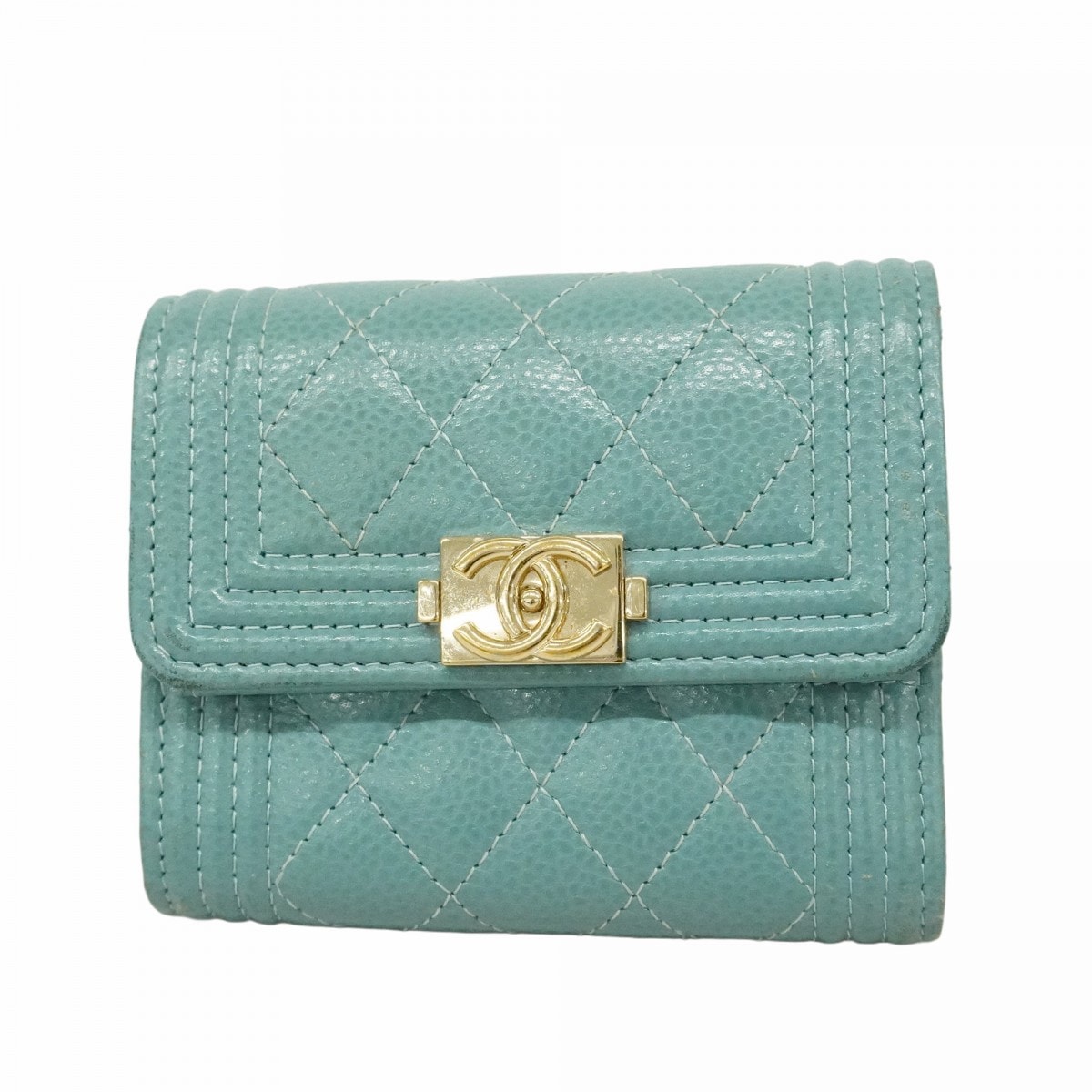 【6dd4707-k】シャネル 三つ折り財布 ボーイシャネル キャビアスキン ブルー シャンパンゴールド金具【中古】レディース