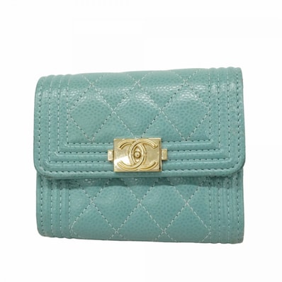 【6dd4707-k】シャネル 三つ折り財布 ボーイシャネル キャビアスキン ブルー シャンパンゴールド金具【中古】レディース