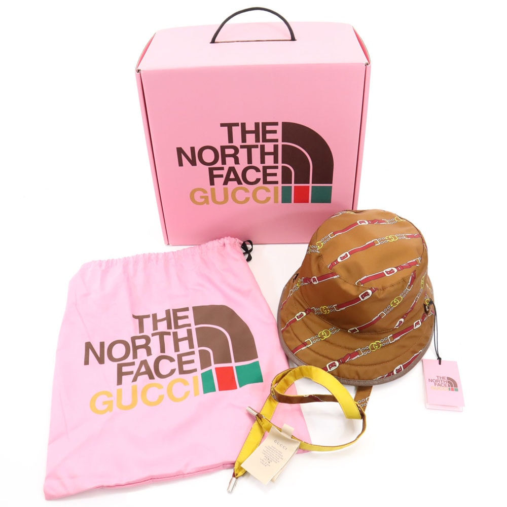 未使用 GUCCI グッチ ノースフェイス コラボ リバーシブル バケット ハット ブラウン x THE NORTH FACE 帽子