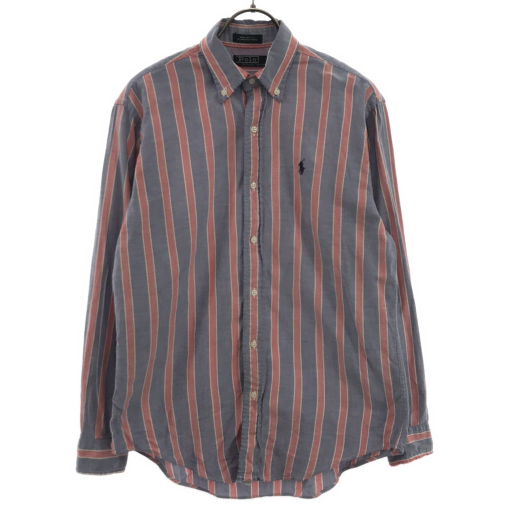 Polo by Ralph Lauren ポロバイラルフローレン 80s USA製 ヴィンテージ 緑タグ ボーイズ ストライプ ロゴ刺繍 長袖 ボタンダウンシャツ L