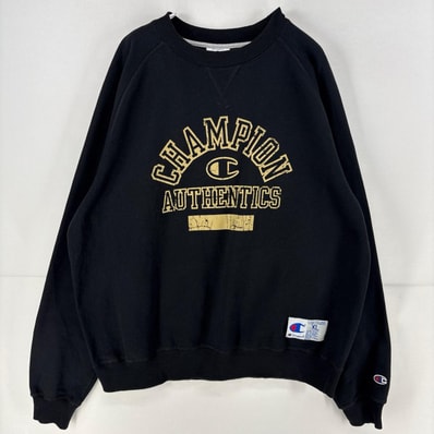 古着 チャンピオン Champion スウェット ロゴ ラグラン 大きいサイズ トレーナー プリント クルーネック XL ブラック メンズ