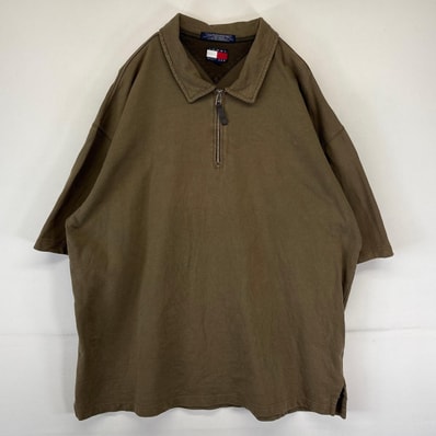 古着 90's/90年代 トミーヒルフィガー TOMMY HILFIGER ポロシャツ ハーフジップ スウェット ワンポイントロゴ 2XL ブラウン系 メンズ