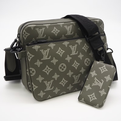 美品 LOUIS VUITTON ルイ・ヴィトン モノグラム シャドウ トリオメッセンジャー M12490 2wayショルダーバッグ カーキ ホワイト カーフレザー メンズ