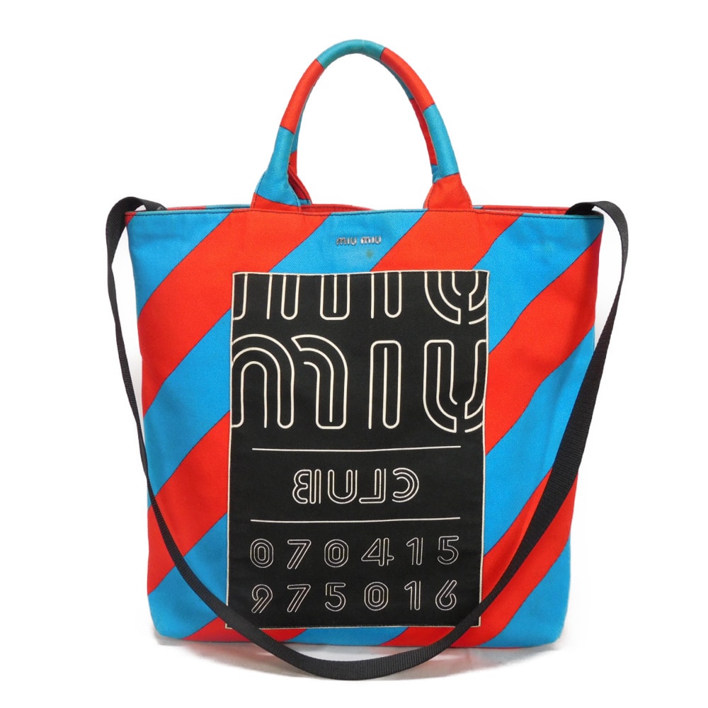 MIUMIU ミュウミュウ クラブ トート バイアス ストライプ レッド ブラック マルチカラー 2WAY ショルダーバッグ ロゴ メタル コットン ブルー トートバッグ 5BG022 2EU0 F0GF4