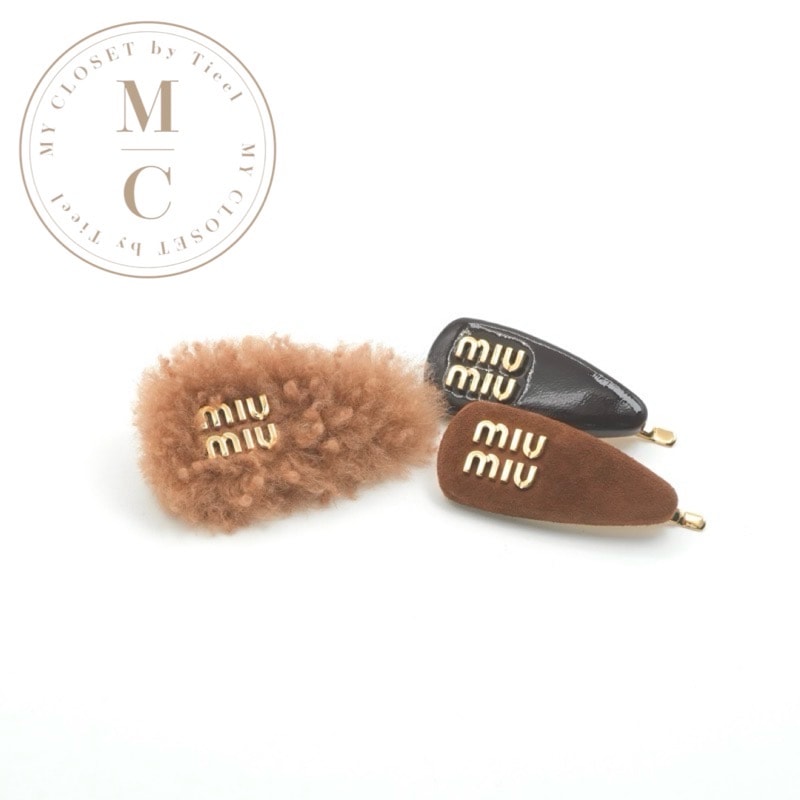 ミュウミュウ MIUMIU ヘアアクセサリー ブラウン ゴールド ロゴ ヘアクリップセット 3個セット ヘアピン