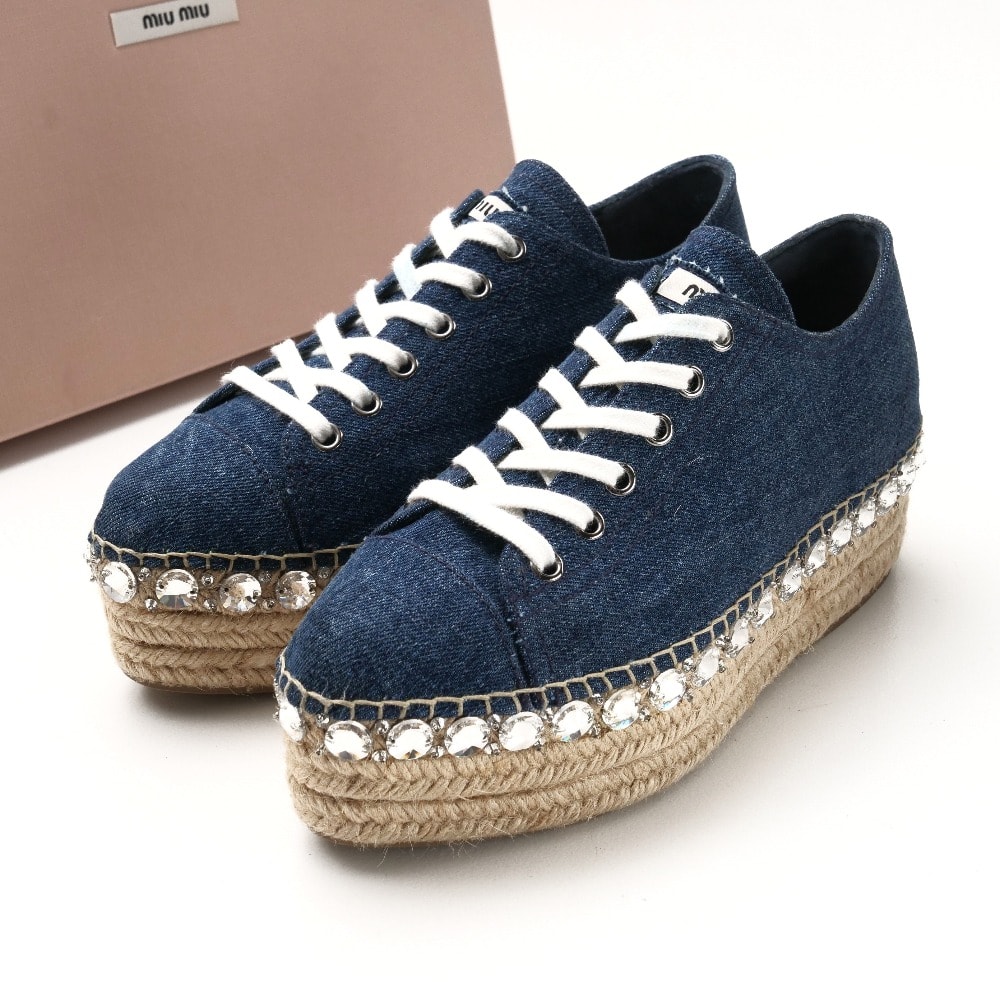 ■美品■MIUMIU ミュウミュウ スニーカー サイズ37 エスパドリーユ ビジュー デニム 厚底 プラットフォーム ブランド古着【中古】20260515/RA7802