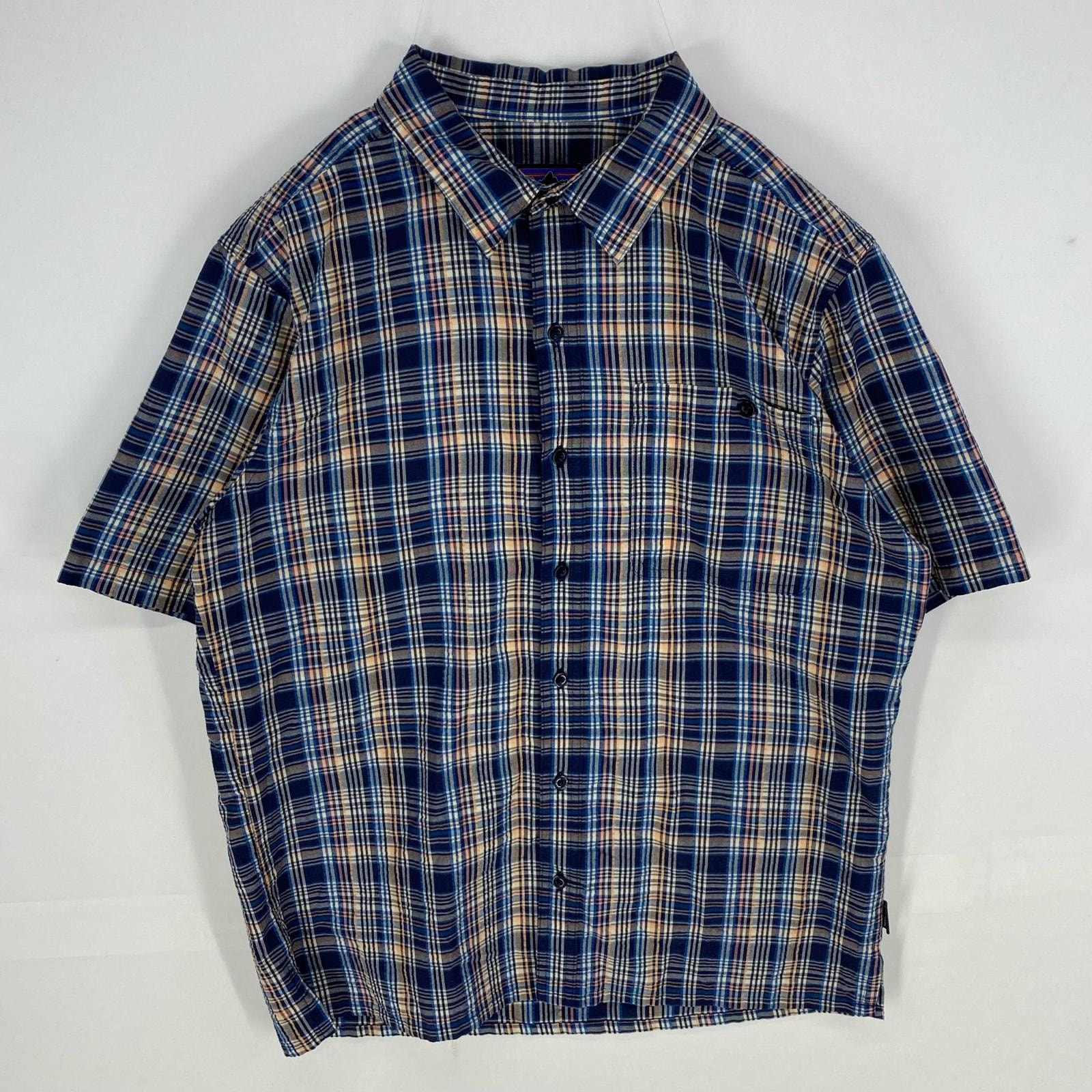 古着 パタゴニア patagonia 半袖シャツ 胸ポケット アウトドア ショートスリーブ M  ブルー系 チェック メンズ