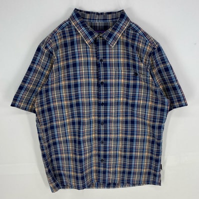 古着 パタゴニア patagonia 半袖シャツ 胸ポケット アウトドア ショートスリーブ M ブルー系 チェック メンズ