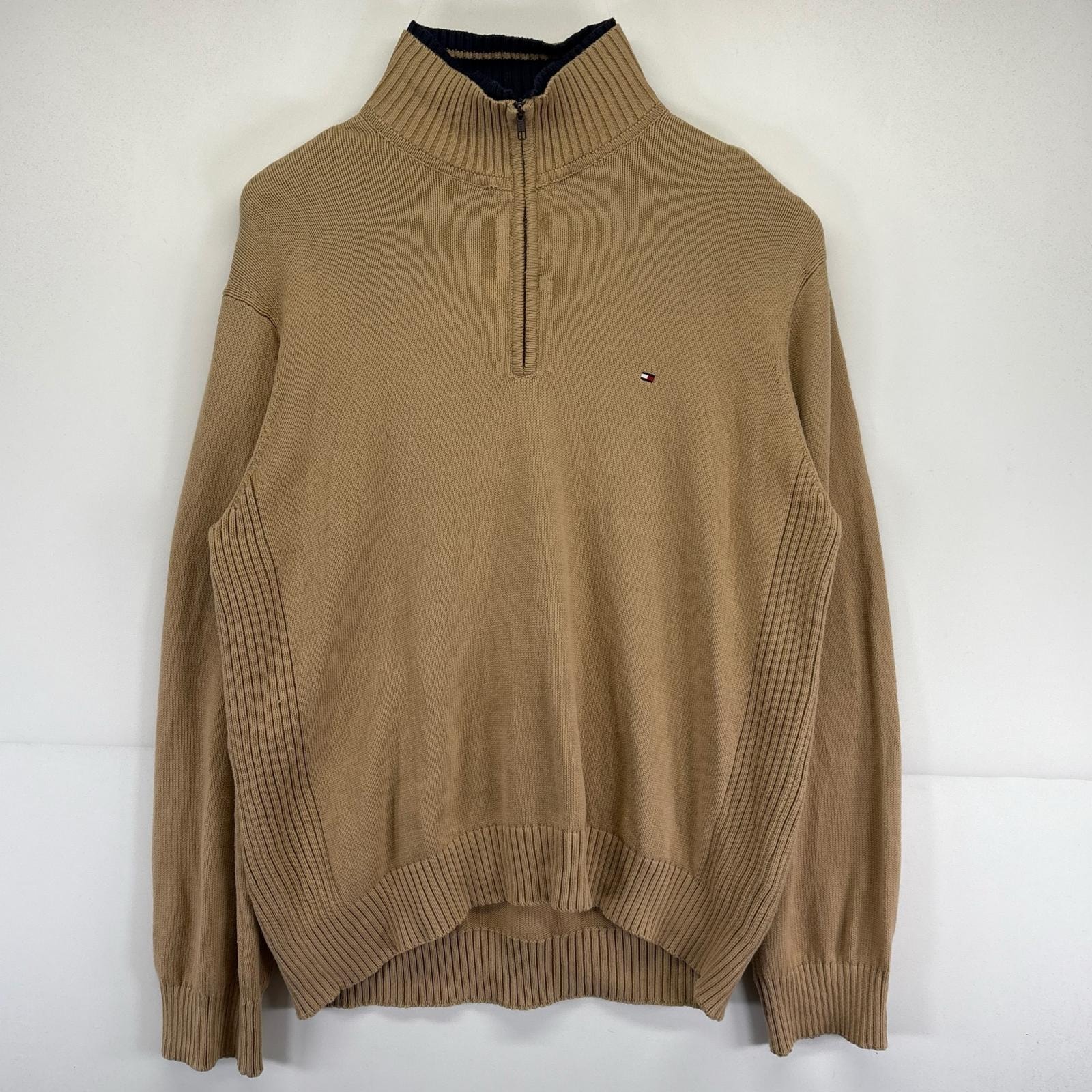 古着 トミーヒルフィガー TOMMY HILFIGER ニット 大きいサイズ ハーフジップ プルオーバー ワンポイントロゴ 2XL  ベージュ系 メンズ