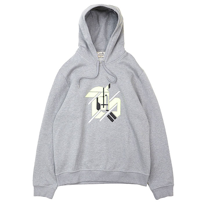 【極美品】HERMES エルメス スウェットパーカー メンズ サイズ XL レザーパッチ コットン100% フリース フーディー プルオーバー ロングスリーブ 長袖 トップス グレー 灰色 イタリア製