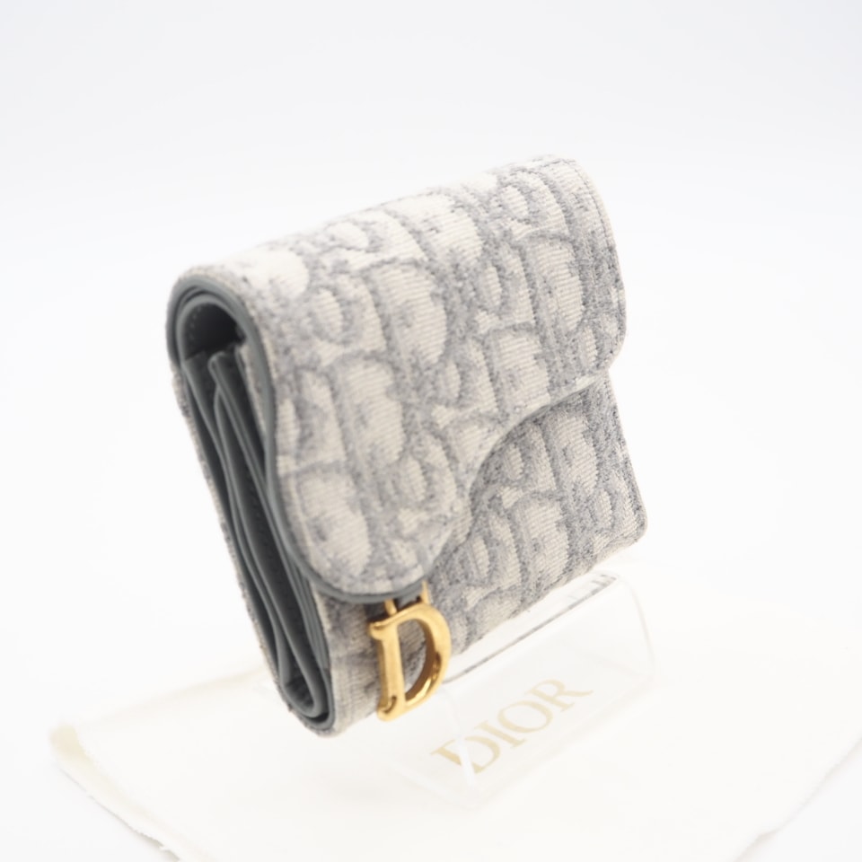 美品 Christian Dior クリスチャンディオール オブリークジャカード Saddle ロータスウォレット S5652 CTZQ 三つ折り財布 グレー キャンバス レザー レディース