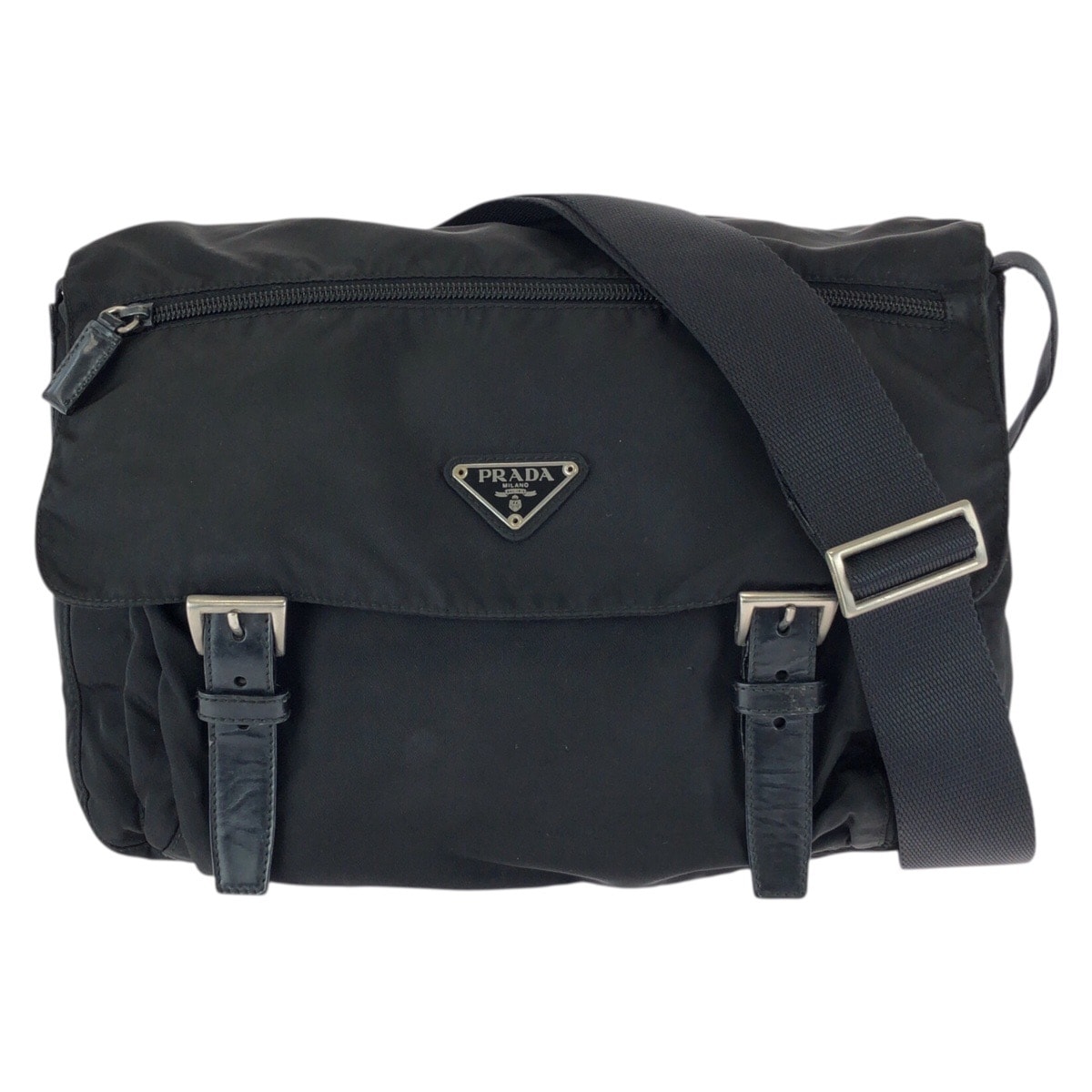 美品 PRADA プラダ テスート 三角ロゴプレート ブラック 黒 シルバー金具 ナイロン レザー/ ショルダーバッグ メッセンジャーバッグ 601659 【中古】