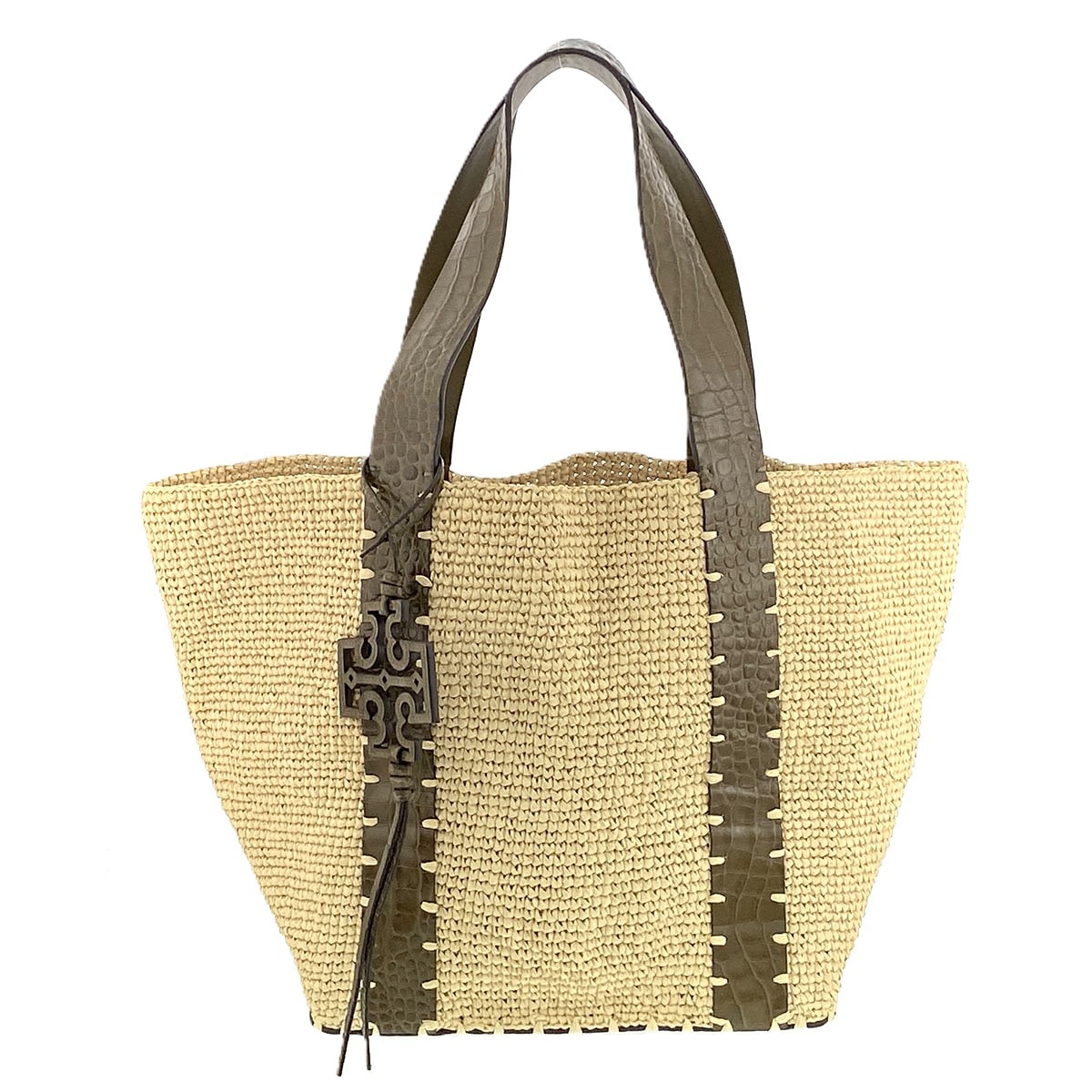Tory Burch トリーバーチ クロコ型押しレザー ストロー トートバッグ ラフィア レザー カーキ ベージュ  ユニセックス【中古】