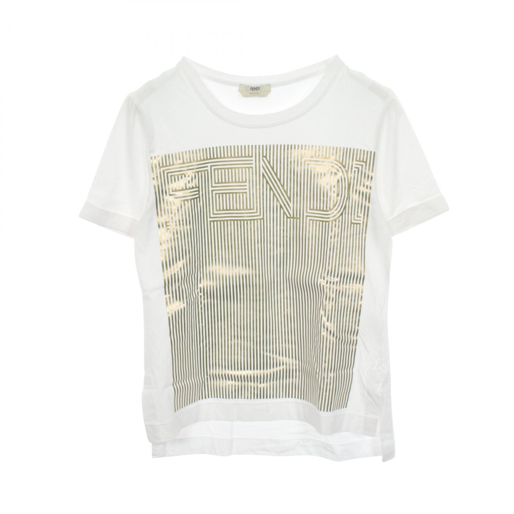 フェンディ FENDI ロゴプリント 半袖Tシャツ 衣料品 トップス コットン レディース ホワイト系 / ゴールド系 【中古】