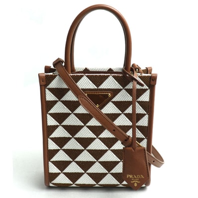 PRADA プラダ シンボル エンブロイダリーファブリック ミニ 2Wayショルダーバッグ ブラウン ホワイト mbmb IC レディース【中古】【美品】