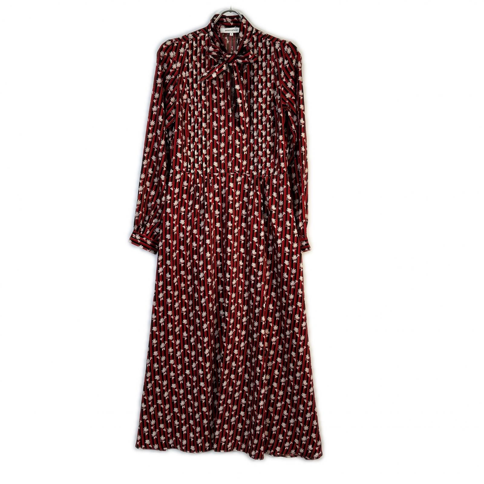 メゾンキツネ LW01612WF4019 レッド×ブラック フラワープリントボウタイストライプロングドレス ワンピース 36