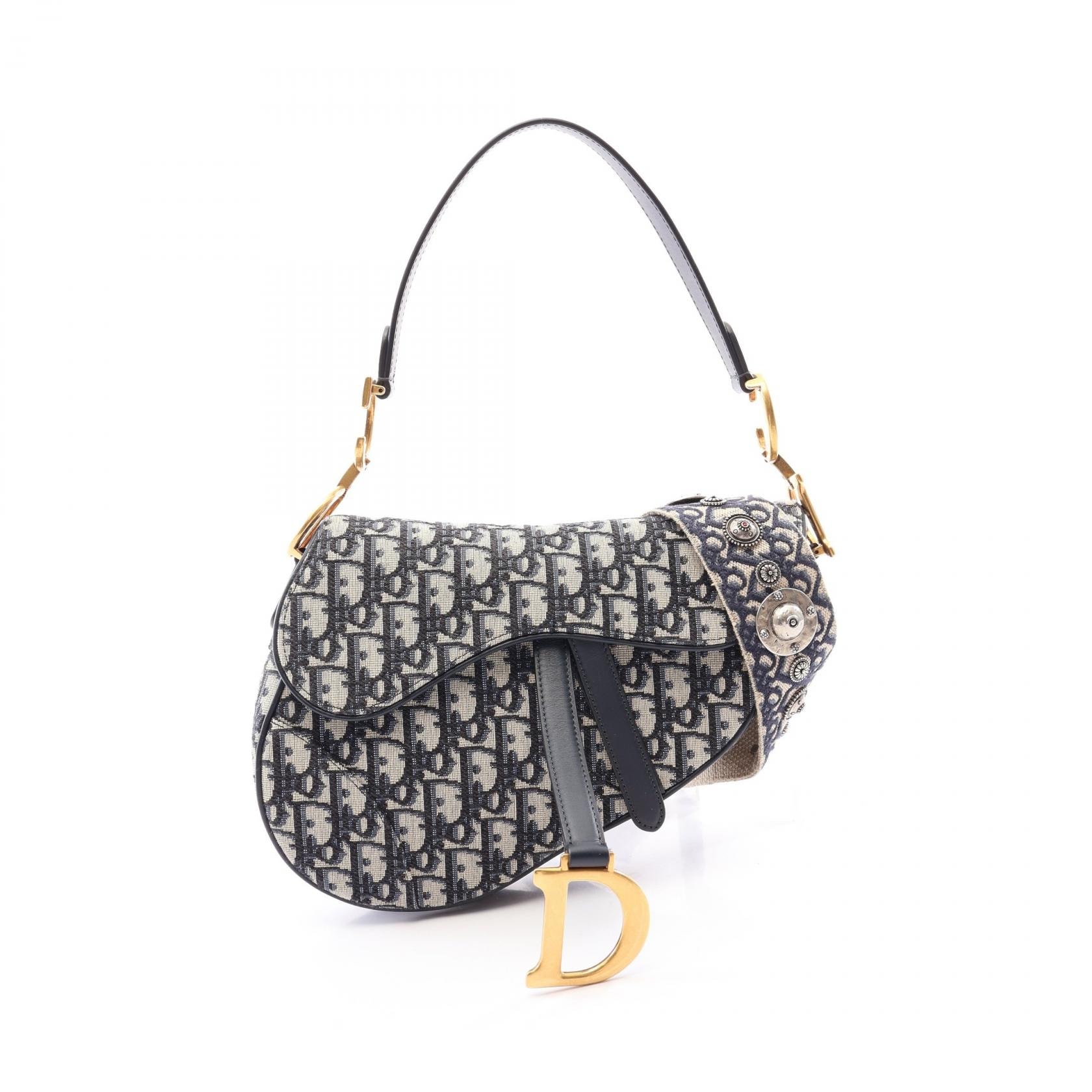 ディオール Dior サドルバッグ オブリーク 2WAY ハンドバッグ バッグ キャンバス レザー レディース アイボリー系 / ネイビー系 【中古】