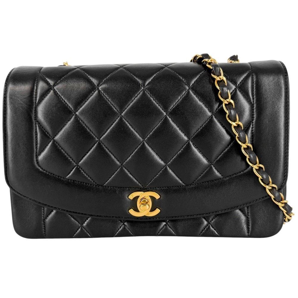 CHANEL シャネル ショルダーバッグ マトラッセ ダイアナ25 チェーン ココマーク 肩掛け 斜め掛け ターンロック ラムスキン    ブラック 黒 ゴールド金具 レディース【中古品】