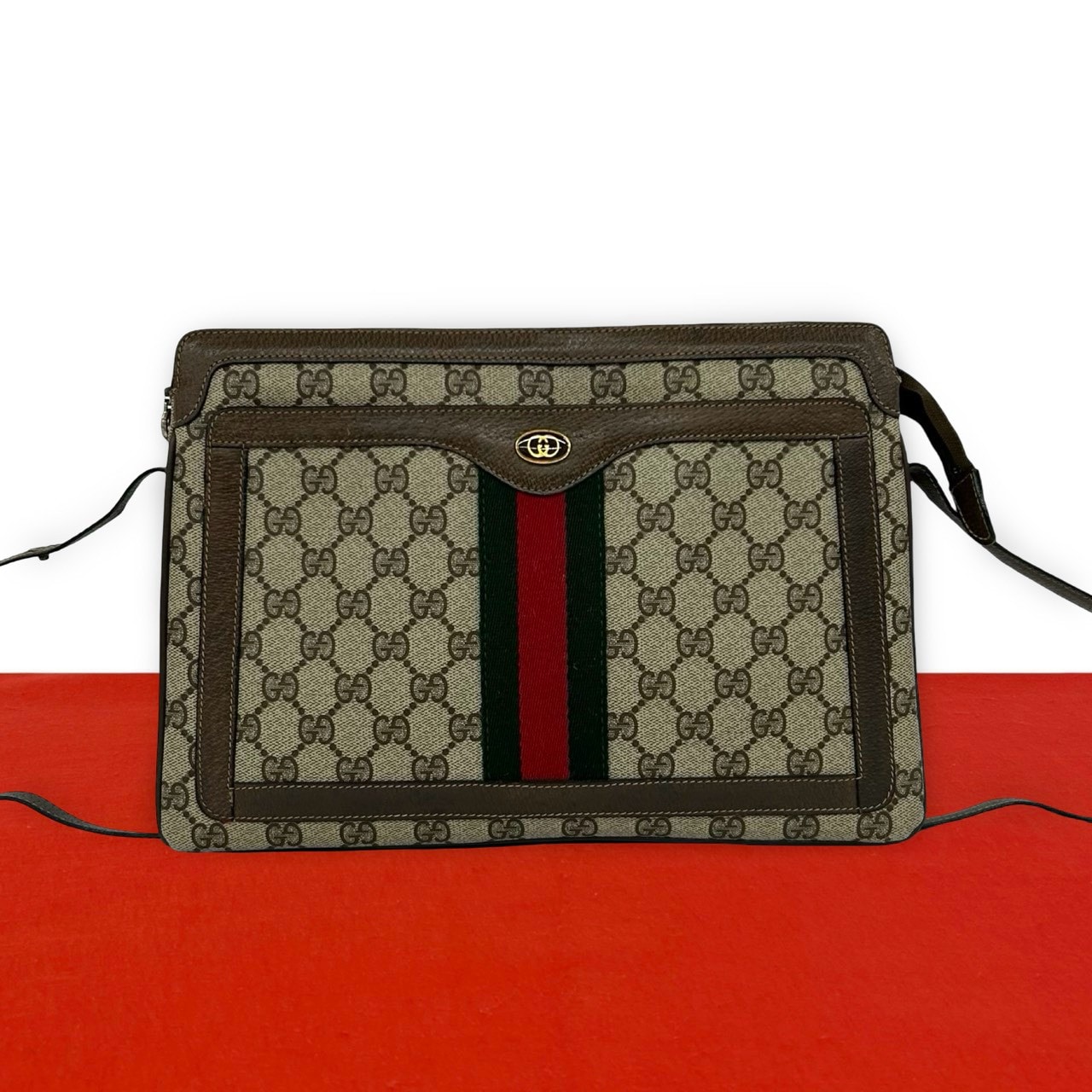 GUCCI グッチ シェリーライン GG 柄 レザー PVC ショルダーバッグ ブラウン
 74790