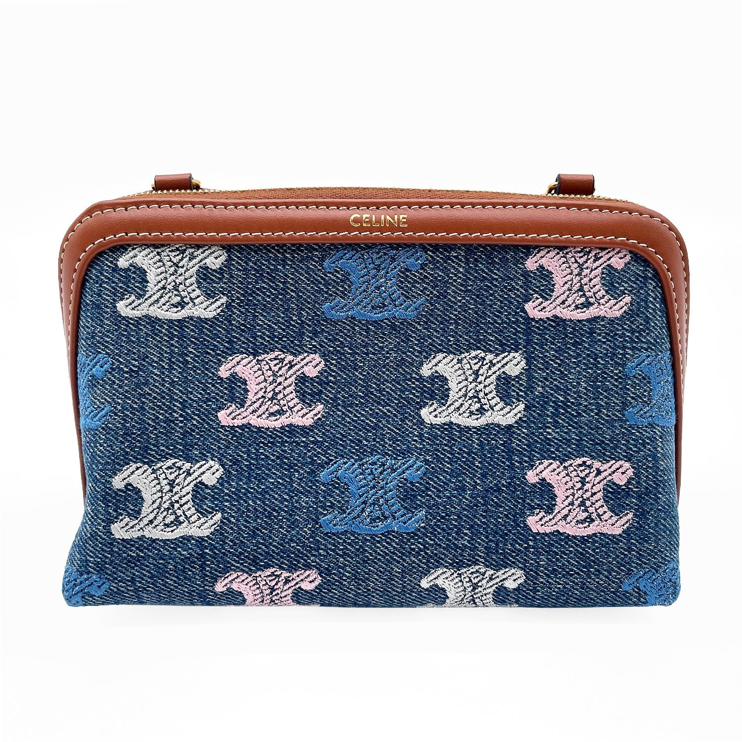 CELINE セリーヌ チェーン付き クラッチバッグ
 トリオンフ 刺繍 エンブロイダリー デニム レザー ブルー レディース
 【中古】