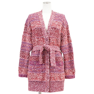 【新品同様】CHANEL シャネル ニットコート サイズ 34 レディース P75706 K10879 2022AW ロング カーディガン ツイード ベルテッド ウエストリボン 長袖 トップス ベルト/共糸付属 レッド バイオレット 赤 紫 イタリア製