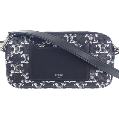 セリーヌ CELINE トリオンフ ホリゾンタル ポーチ 10L272EV5.36SB ショルダーバッグ キャンバス レザー ブラック レディース【中古】【ABランク】