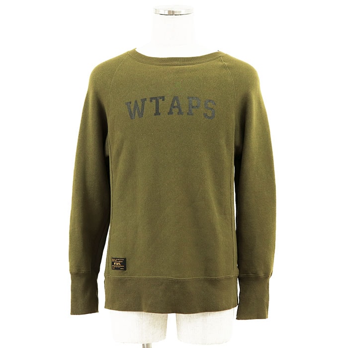 【SALE】WTAPS ダブルタップス スウェット ロングスリーブ 長袖 サイズ S メンズ ロゴ プリント 裏起毛 ラウンドネック コットン100% トップス オリーブ 日本製