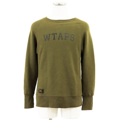 【SALE】WTAPS ダブルタップス スウェット ロングスリーブ 長袖 サイズ S メンズ ロゴ プリント 裏起毛 ラウンドネック コットン100% トップス オリーブ 日本製