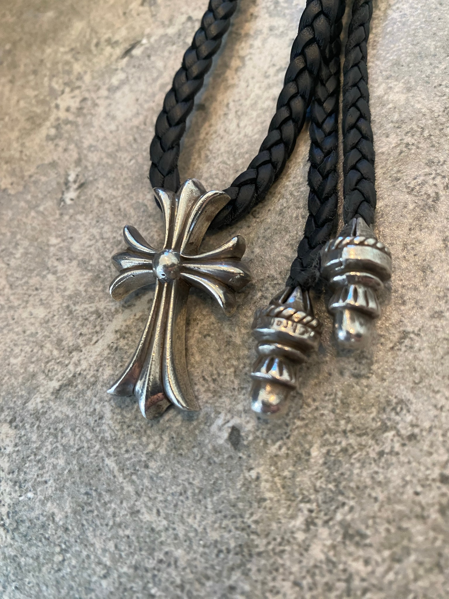Chrome Hearts Small CH Cross Leather Braid W Bolo Tip Necklace "Silver"