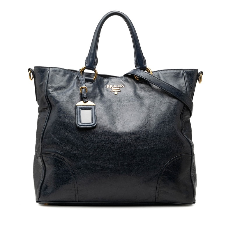 プラダ ヴィッテロシャイン ハンドバッグ 2WAY ショルダーバッグ ネイビー ゴールド レザー レディース PRADA 【中古】