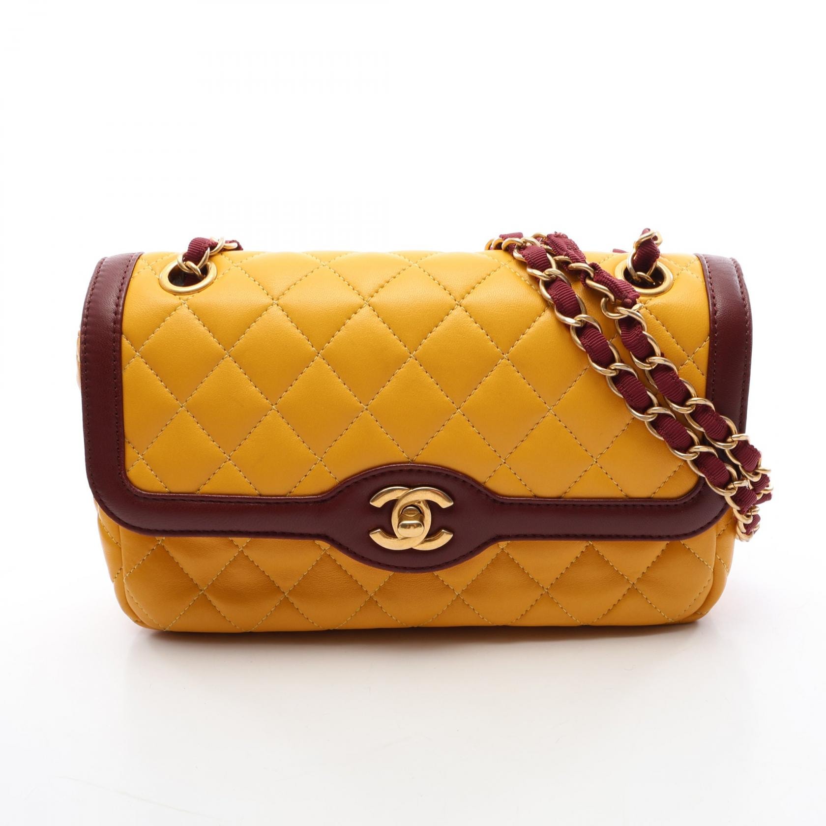 シャネル CHANEL マトラッセ Wフラップ ショルダーバッグ バッグ ラムスキン(羊革) レディース イエロー系 / ボルドー系 【中古】