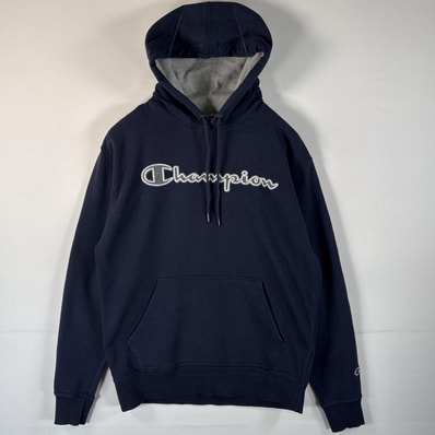 古着 チャンピオン Champion パーカー ビッグロゴ刺繍 プルオーバー ワンポイントワッペン マフポケット フーディ M ネイビー メンズ