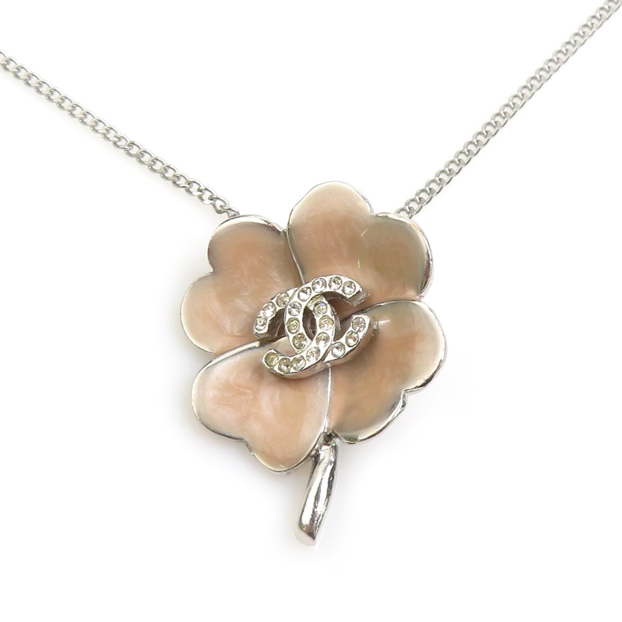 シャネル CHANEL ネックレス ココマーク クローバー メタル/ラインストーン シルバー/ピンクベージュ レディース【中古】 e62117a