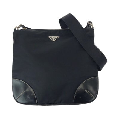 美品 PRADA プラダ テスート 三角ロゴプレート ブラック 黒 シルバー金具 ナイロン レザー/ ショルダーバッグ ポシェット 505498 【中古】