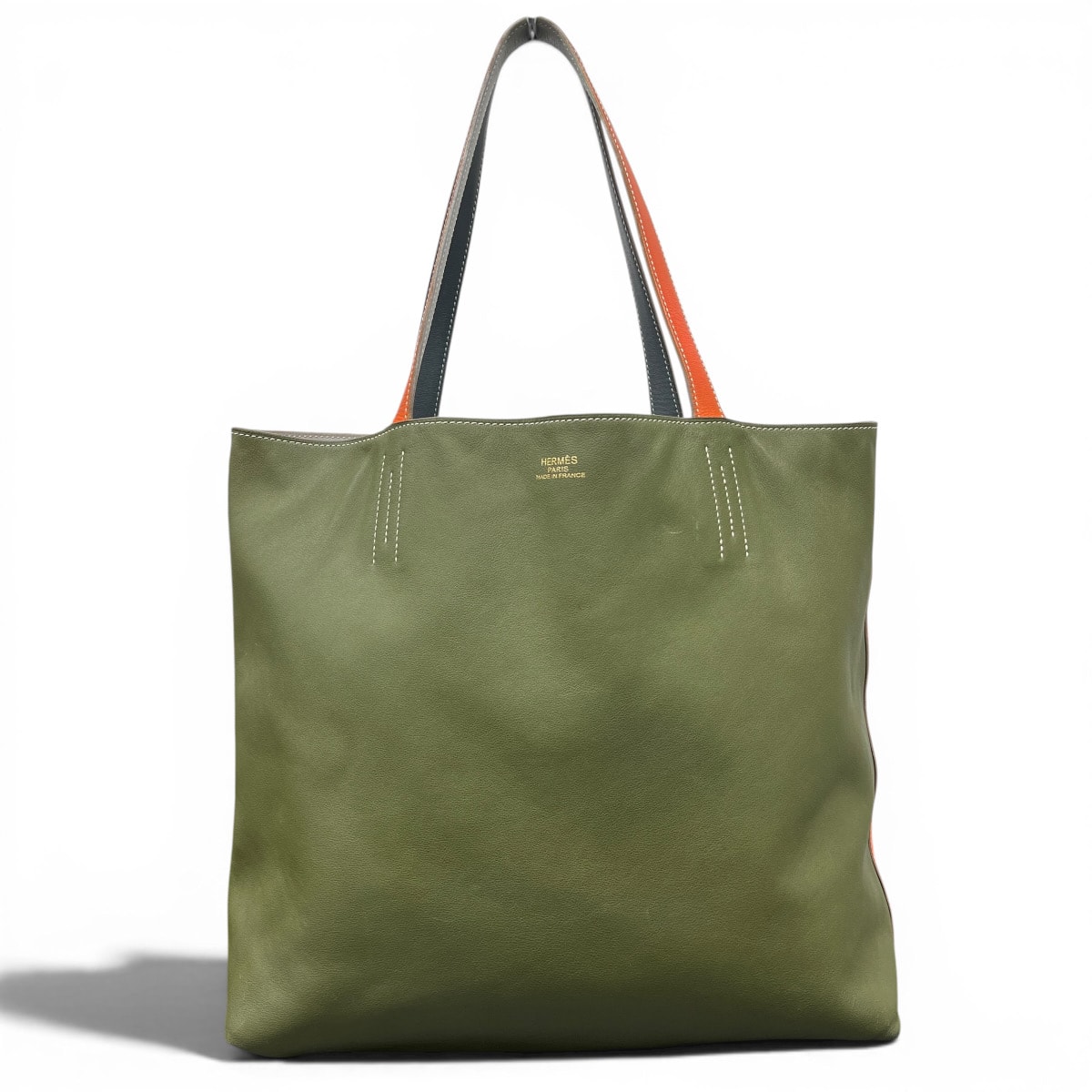 HERMES 美品 エルメス ドゥブルセンス36 4カラー トートバッグ トリヨンクレマンス レザー □Q刻印 オレンジ カーキ ネイビー ホワイト リバーシブル ハンドバッグ ABランク 中古 鑑定済 エルメスバッグ