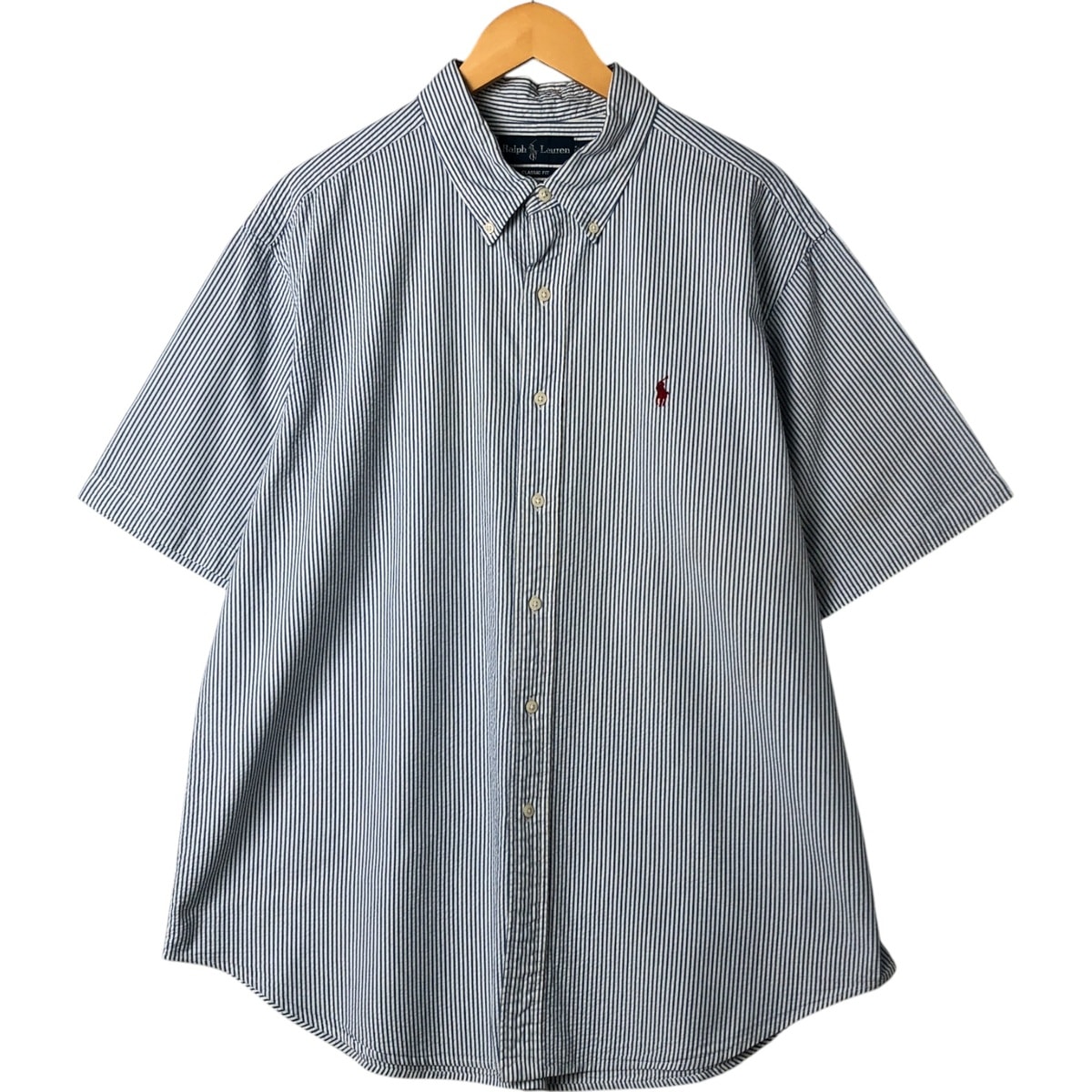古着 ラルフローレン Ralph Lauren CLASSIC FIT シアサッカー 半袖 ボタンダウン ストライプシャツ メンズXXL相当/eaa551864