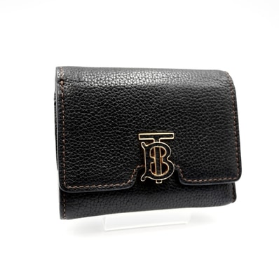 BURBERRY(バーバリー)TB フォールディングウォレット 三つ折り財布 ブラック グレイニーレザー TBロゴ ゴールド金具 レディース【中古】