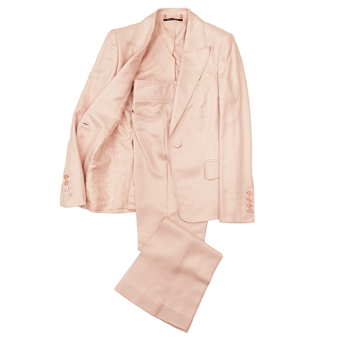 【美品】GUCCI グッチ ヴィンテージ セットアップ サイズ 38 レディース ジャケット スラックス シルク100% ポプリン調平織 テーラード 1B ロゴフルライニング センターベント フレアシルエット ライトピンク 桃色 イタリア製 トムフォード期