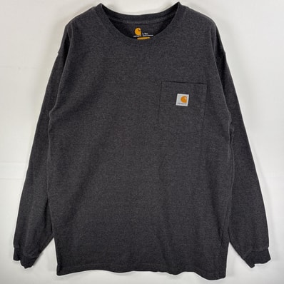古着 カーハート Carhartt 長袖Tシャツ ワンポイント ロゴ 胸ポケ 混色生地 L ブラック系 無地 メンズ