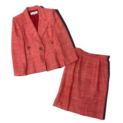 YVES SAINT LAURENT イヴ サンローラン スカートスーツ ツイードジャケット 膝丈スカート ピンク シルク セットアップ A3-00236 【中古】