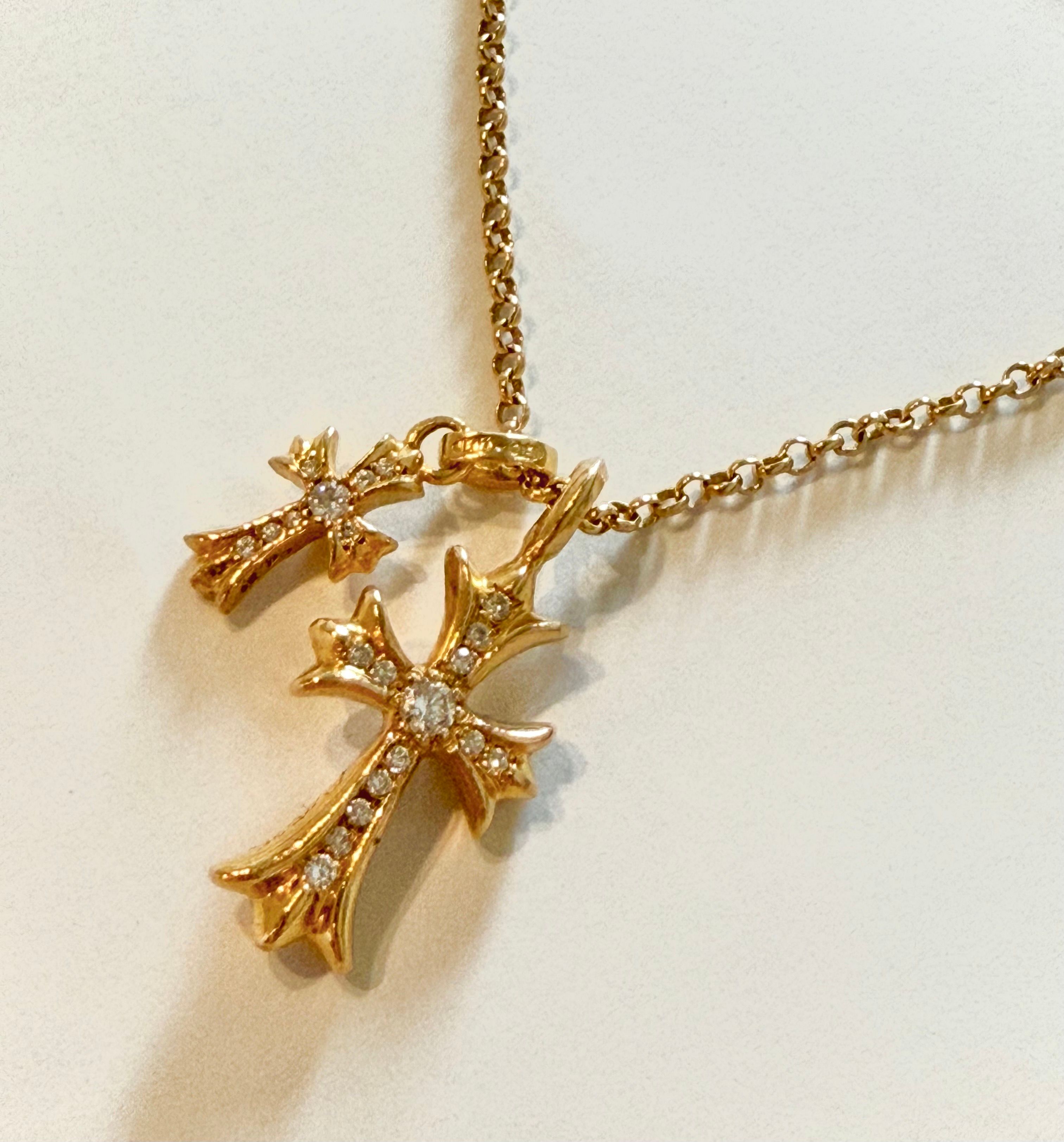 Chrome Hearts 22K Tiny Fat Cross Pave Diamond Pendant Necklace Top "Yellow Gold"