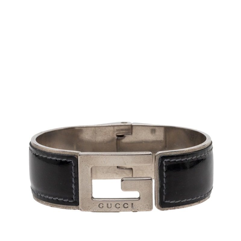 グッチ Gロゴ バングル シルバー ブラック メタル レザー メンズ GUCCI 【中古】