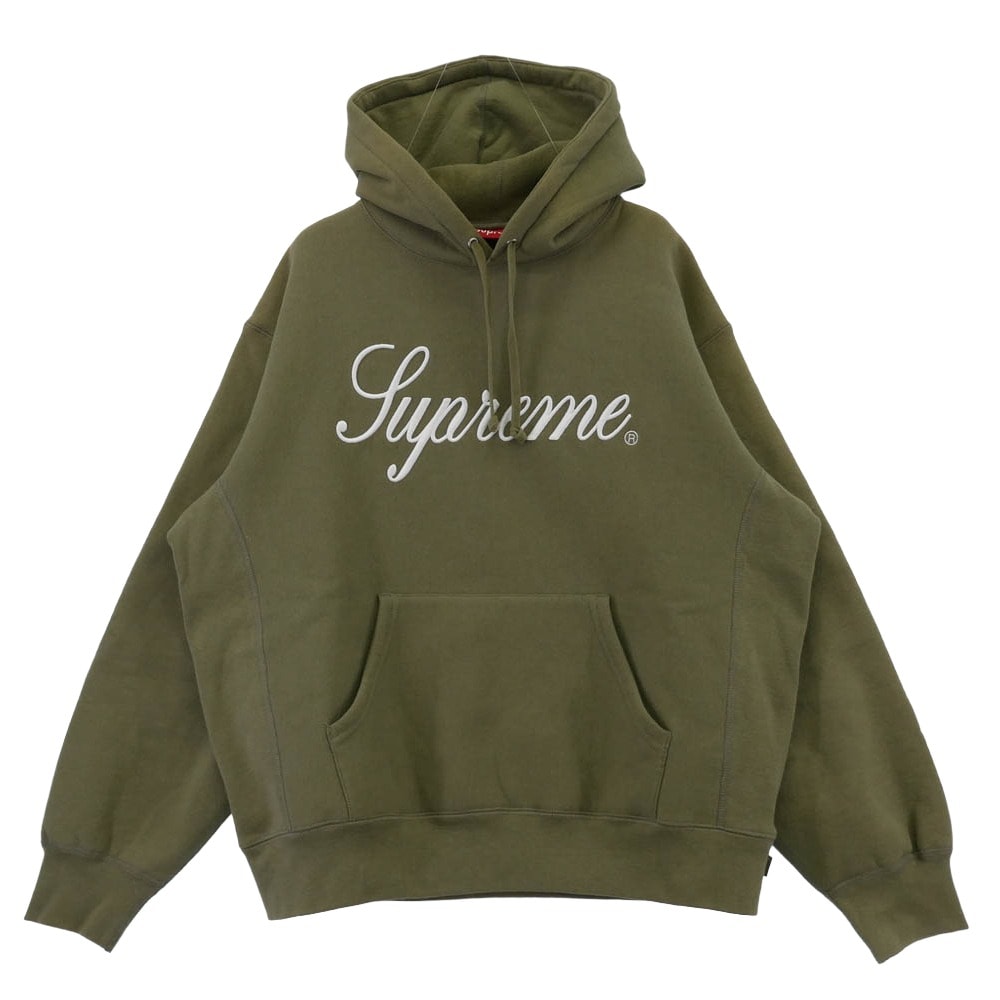 Supreme シュプリーム マウンテンパーカー 23AW Raised Script Hooded Sweatshirt ロゴ刺繍 レイズド スクリプト プルオーバーパーカー フーディ グリーン系 M【中古】