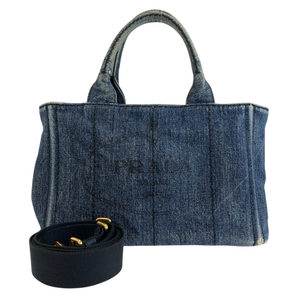 PRADA プラダ カナパ 三角ロゴプレート ブルー ゴールド金具 デニム トートバッグ ショルダーバッグ 2way 604613 【中古】